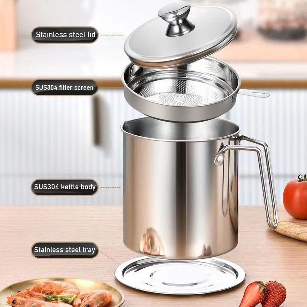 1.4L/1.9L Oil Filter Pot Large Capacity 304 Stainless Steel Oil Pot Grease Keeper Storage Container Cooking Oil Strainer