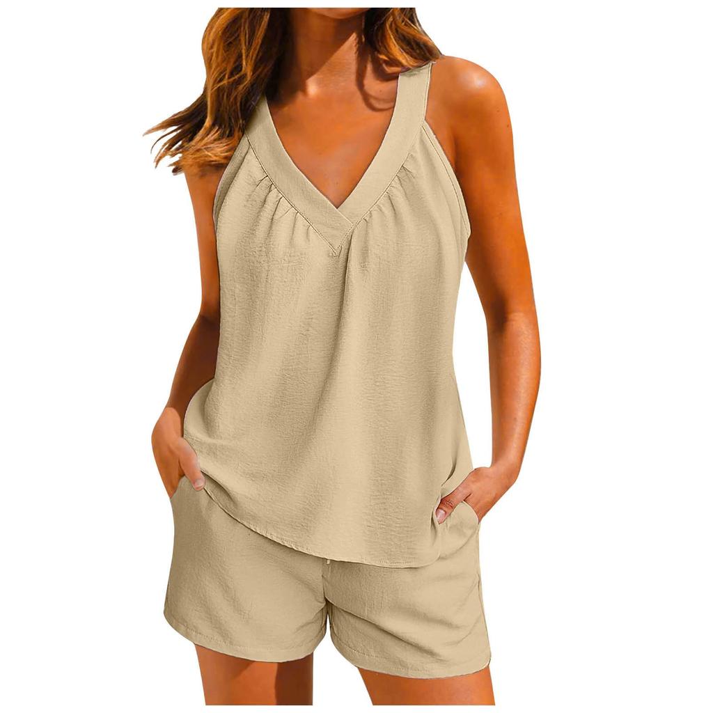 Женский однотонный свободный пуловер с v-образным вырезом, повседневный топ без рукавов с карманами, шорты, комплект