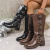 Belt Buckle Vintage High Boots Fashion Boots Women's 2025 Winter New Boots Thick Heels Western Denim Leather Boots