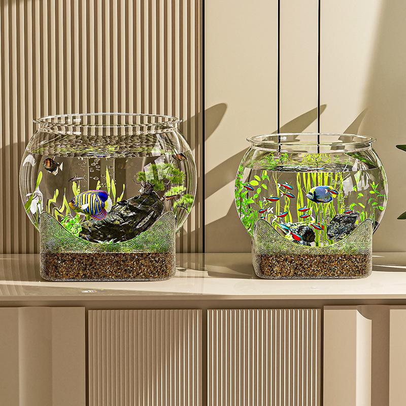 Compact Desktop Ecosystem Tank: Round Bottom, Ideal for Living Room or Study, Includes Decorative Micro Landscape and Small Fish Aquarium.