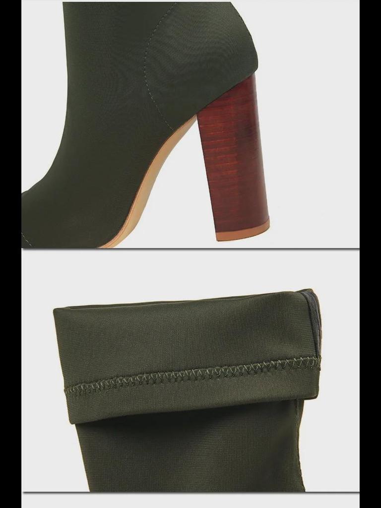 Европейская и американская мода Wood Grain Толстый каблук остроносый лайкра Сексуальные тонкие короткие сапоги