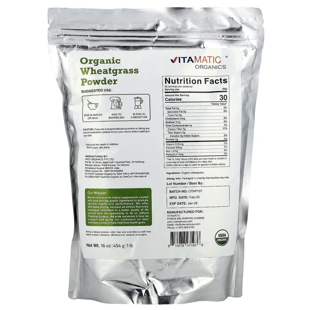 Organic Wheat Grass Powder, 454G(16Oz)