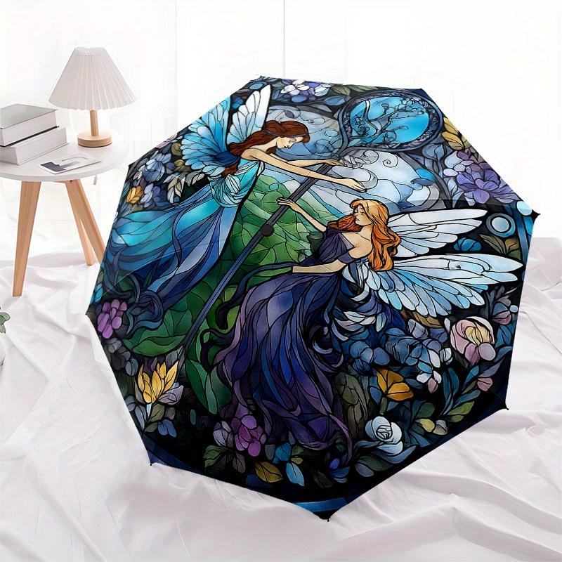 Enchanted Garden Fairy Stained Window PanelUmbrella, Portable 3-Fold Compact Umbrella for Men & Women Gift