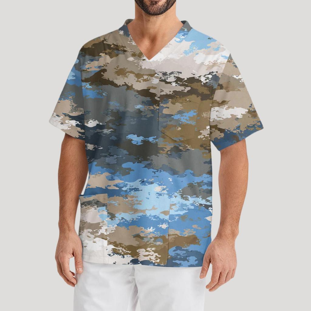 Мужская рабочая блузка с короткими рукавами и v-образным вырезом с принтом, топ с нагрудным карманом