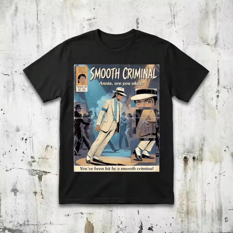 "Smooth Criminal" T-shirt, black graphic art tee, Michael Jackson glove design T-shirt, 90s vintage-style tee graphic t shirts