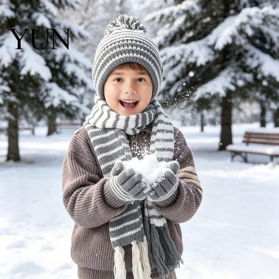 Children Elastic Ribbed Gloves 1 Set Winter Hat Scarf for Kids, Fleece Lined Striped Knit with Gift Little Kids Pom Pom, Cozy Toddlers Boys Girls Age