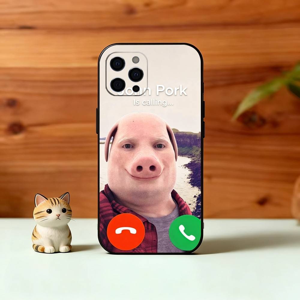 Смешной Чехол для Телефона J-John Pork is Calling Для iPhone 17,16,15,14,13,12,11 Plus,Pro Max,XS,Мягкий Силиконовый Черный Чехол