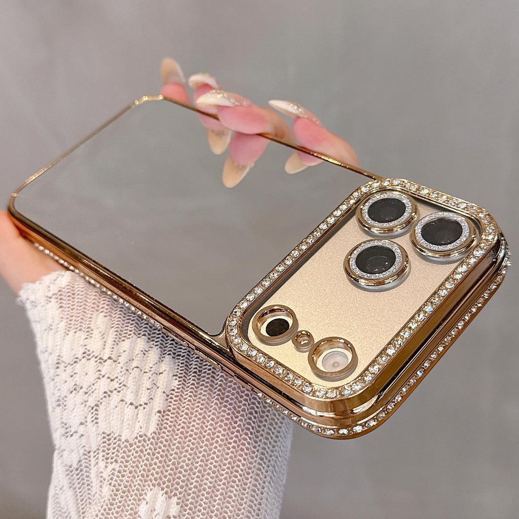Make up Mirror Phone Case For iPhone 17 Pro Max Bling Diamonds Cover Funda For iPhone 16 ProMax 15 Pro 14Pro 13 12 Soft Shell