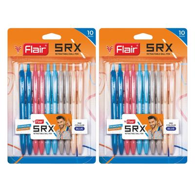 Flair SRX 0,7 мм Выдвижная шариковая ручка Упаковка 10 x 2 Синие чернила Треугольный захват Плавное письмо Ручки для офиса и школы