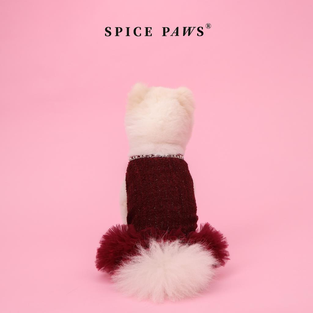 Burgundy Sequin Pet Skirt with Tulle Ruffle Hem, Rhinestone Trim Dog/Cat Party Skirt, Tulle Ruffle Pet Apparel
