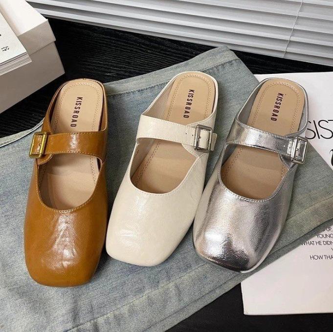 Темпераментные туфли Мэри Джейн с квадратным носком женские осень 2025 новые с открытым верхом, с сумкой на носке, полушлепанцы на низком каблуке, французская плоская подошва, полустелька
