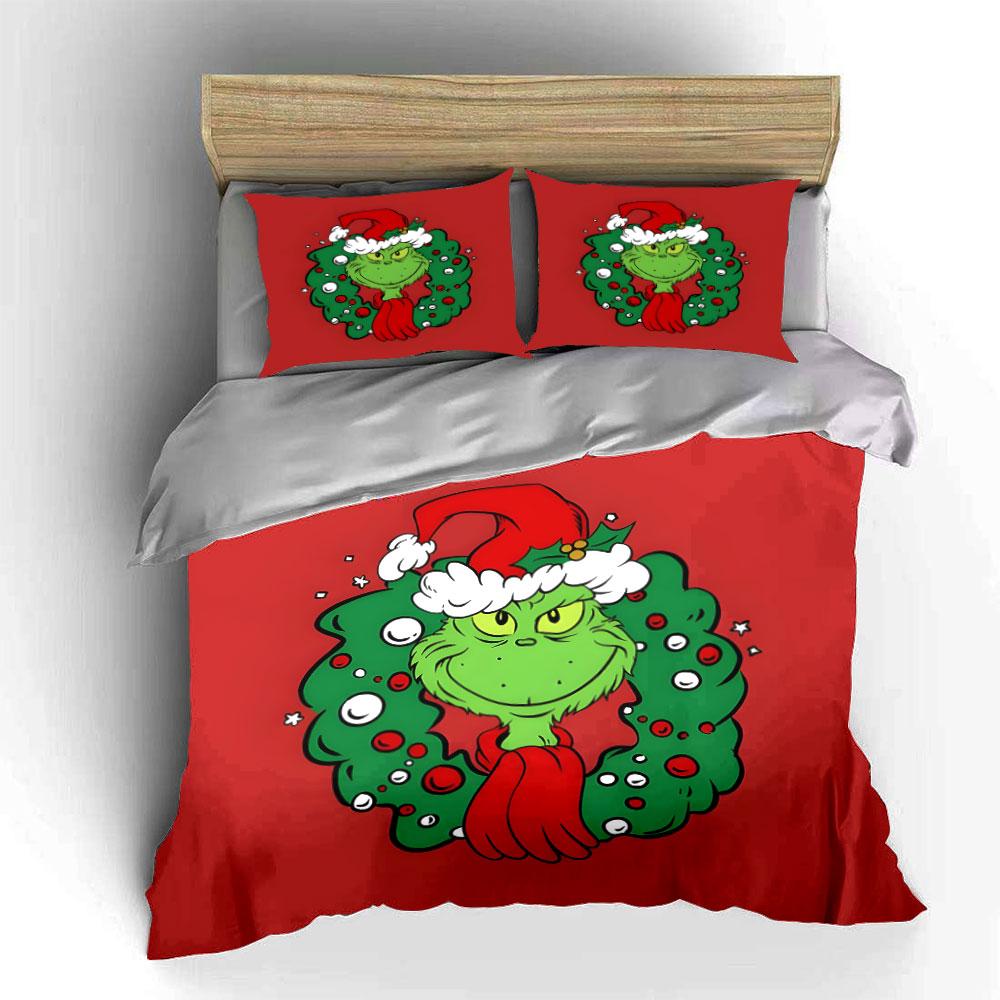 Green Grinch with Christmas Wreath Bedding Duvet Cover Set Duvet Cover Pillowcases (1*Duvet Cover 2*Pillowcases, without duvet insert)