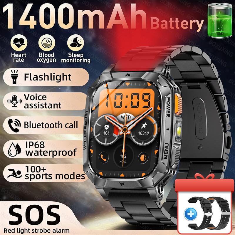 Rugged Outdoor Smart Watch 1400mAh 2.01" HD Screen Bluetooth Call GPS IP68 Waterproof Flashlight SOS Fitness Watch for Men
