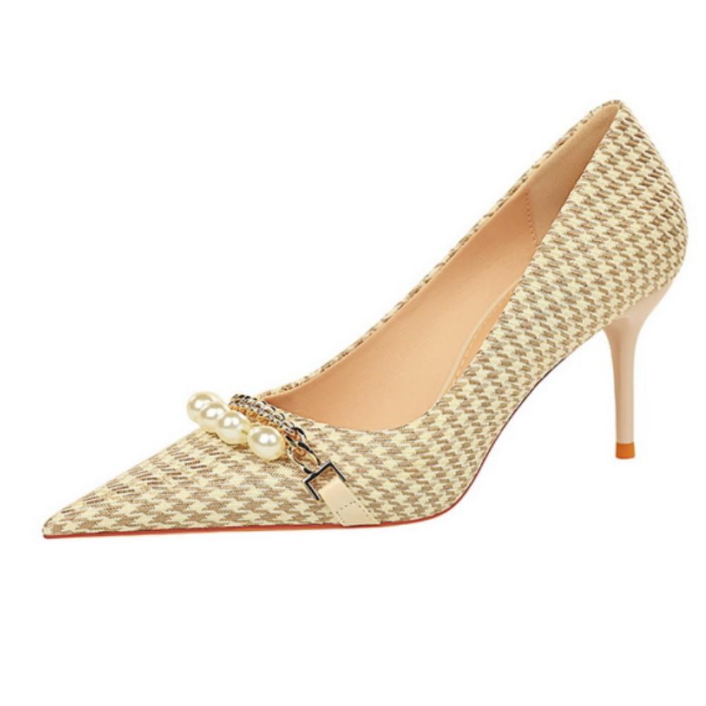 European and American Thin Heel Shallow Mouth Pointed Cloth Plaid Thousand Bird Check Metal Chain Pearl High Heel Shoes