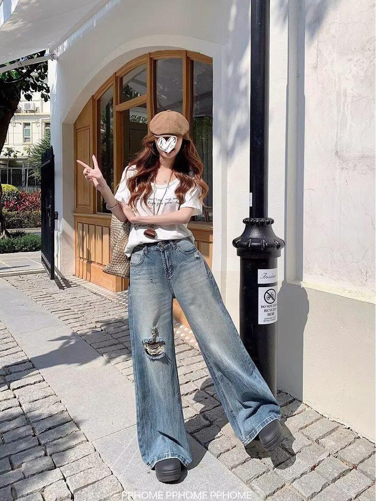 Женские джинсы с высокой талией, в стиле ретро, рваные, с широкими штанинами