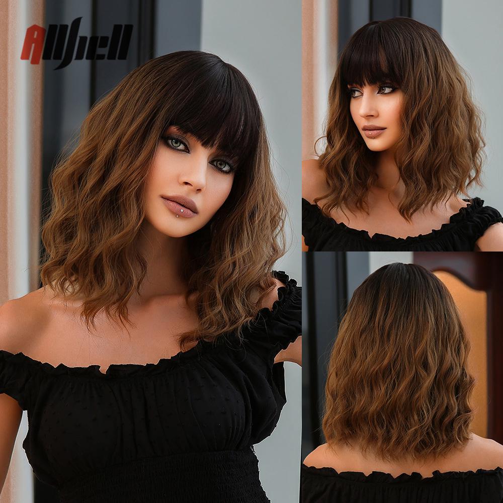 Synthetic Bob Hair Wig with Bangs Ombre Platinum Blonde Cosplay Wigs for Women Short Heat Resistant Female Daily Lolita Wavy Wig
