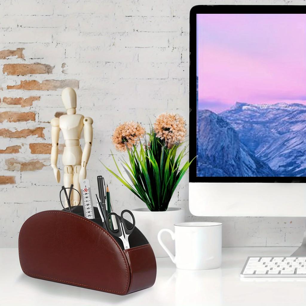 5 Grid Pu Leather Organizer Remote Control Phone And Tv Holder Desk Storage Box Cosmetics Brush