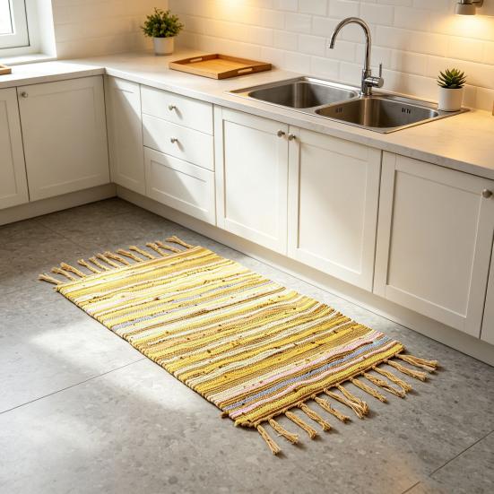 Machine Washable Bedroom Rug Reversible Cotton Rag Rug, Boho Hand Woven Multi Color Striped Bath Non Slip for Hallway with Tassels, Area Living