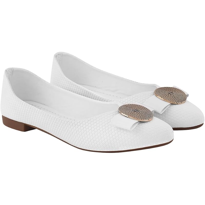 Shoetopia Women'S White Ballet Flats  Textured Slip-On Bellies With Decorative Bow & Gold Button | Elegant Casual & Offi