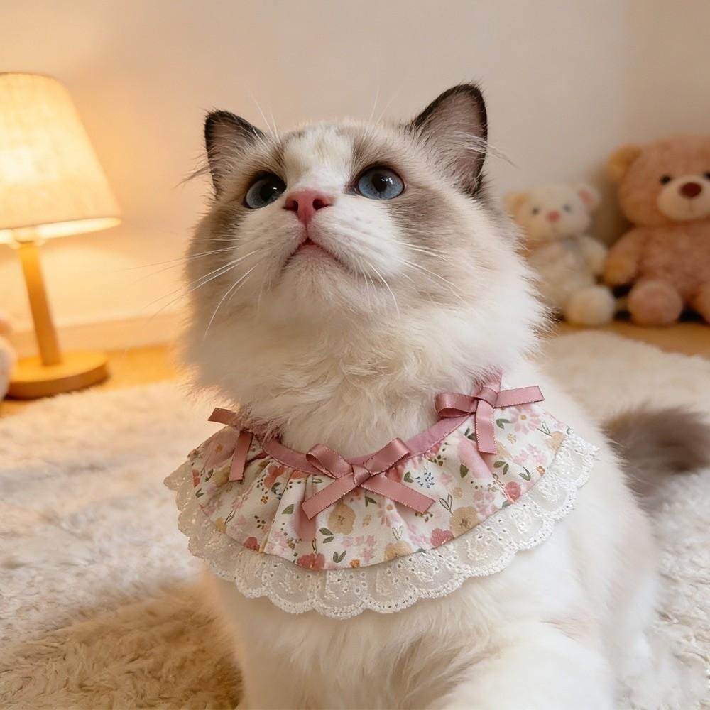 Cartoon Knitted Collar Lace Floral Bows Pet Bib Cute Cat Clothes Cat Accessories
