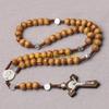 F26C Wood Bead Cross Rosary Necklace Hangable Pendant Crafts Long Bead Chain for Christmas Party Church Decorations
