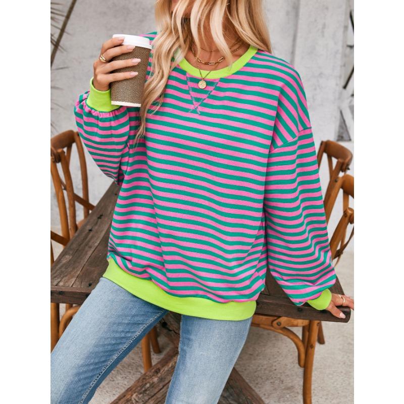 Simple Home Leisure New, Striped Pattern Round Neck Trend Long Sleeve, Pullover Color T-shirt