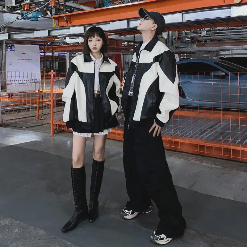 Мужская кожаная куртка в гонконгском стиле: Корейская мода осень/зима, молодежный свободный крой, контрастные цвета, повседневная верхняя одежда для мотоциклистов