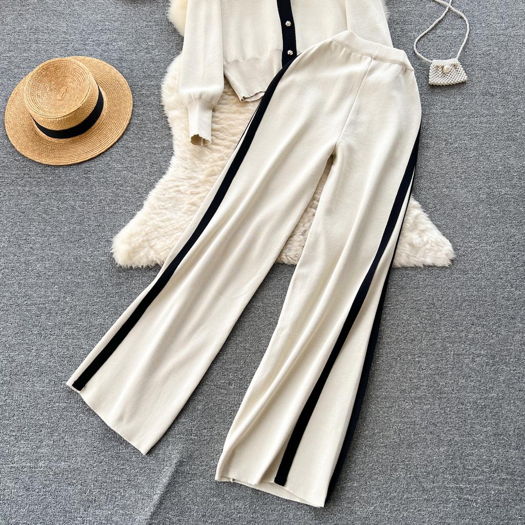 Высококачественный повседневный вязаный модный комплект знаменитостей для женщин, осенне-зимняя рубашка со свободными рукавами + драпированные брюки с высокой талией из двух предметов