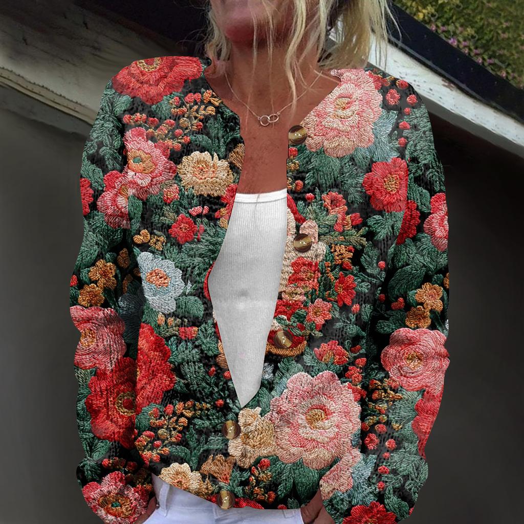 Women's Fashion Christmas Print Long Sleeve Knitted Cardigan Button Jacket