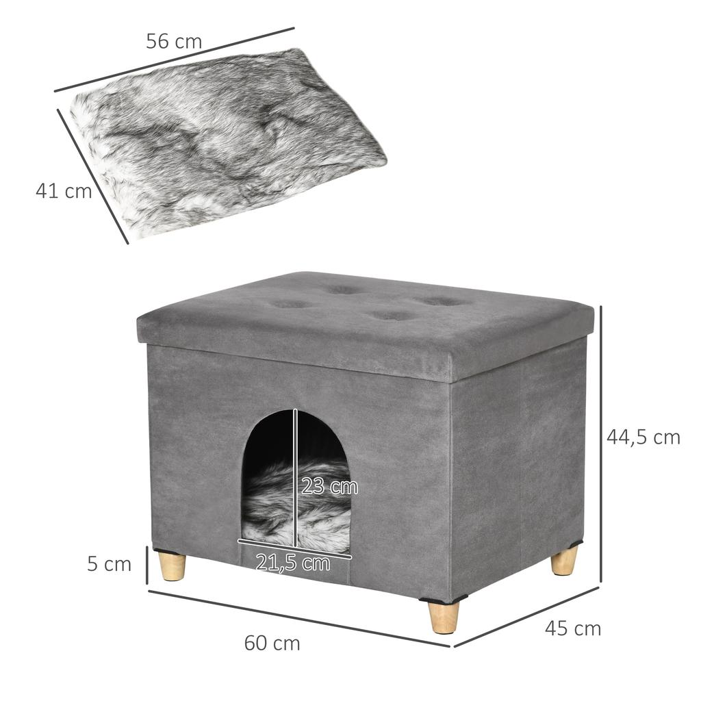 Cat Cave Cat Bed 2-in-1 Cat House Footstool with Cushion Wooden Legs Cat Tent Pet House Gray 60 x 45 x 44.5 cm
