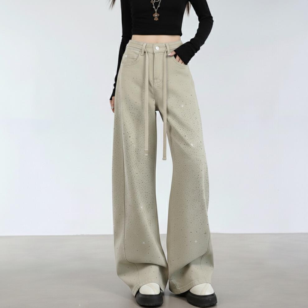 Khaki galaxy flash diamond scimitar jeans women's summer new design high waist wide leg sickle floor pants