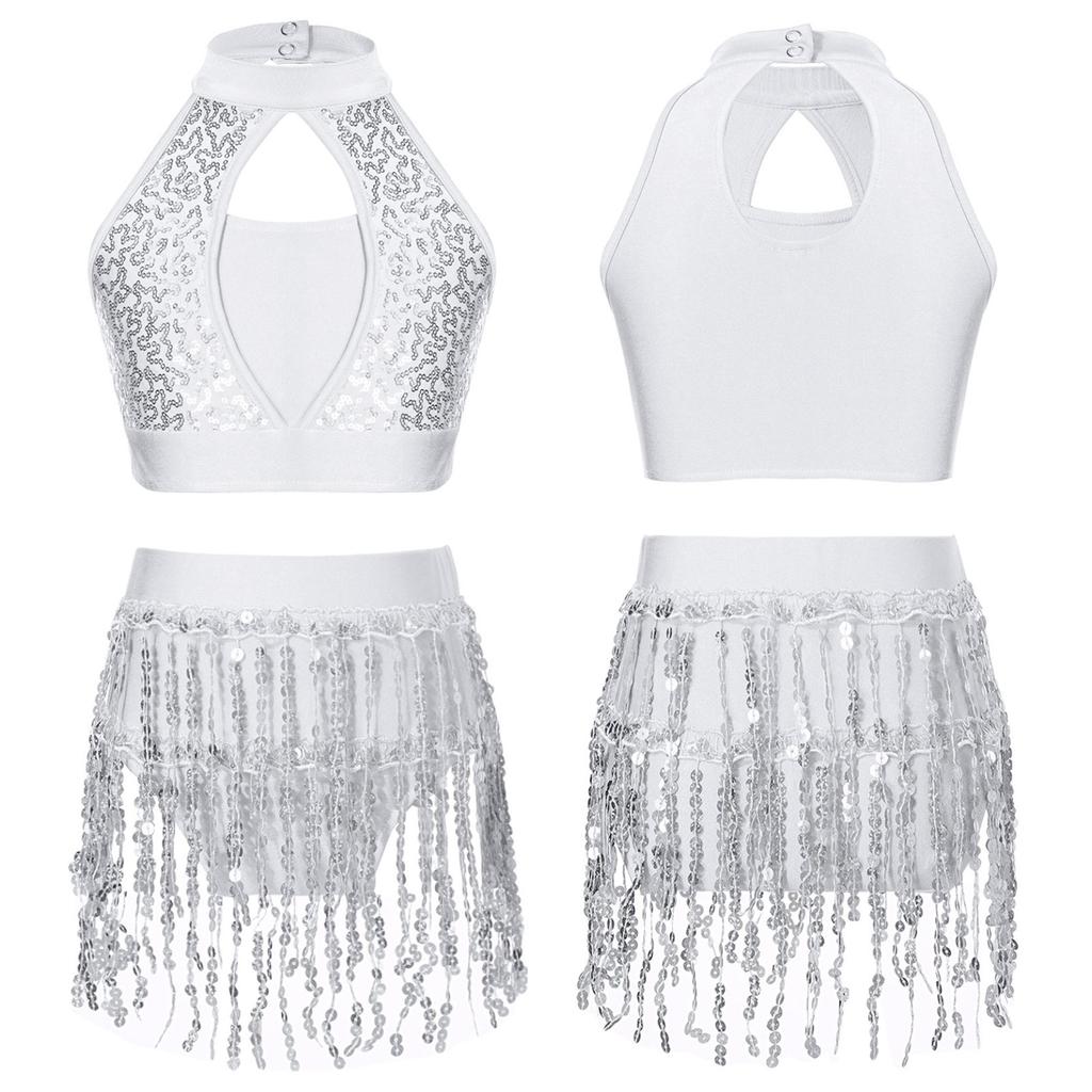 Детский укороченный топ с пайетками для девочек и юбка, комплект одежды для джазовых латинских танцев, костюм из 2 предметов, танцевальная одежда