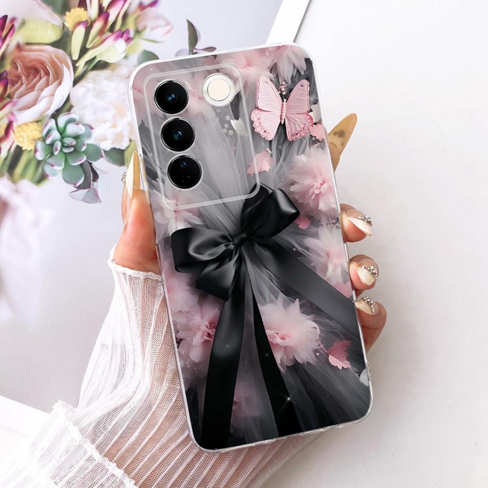 For Vivo V27 V27Pro Cute Flower Butterfly Cat Painted Case For Vivo V 27 V27 Pro V2230 V2231 Soft Silicone TPU Phone Cases