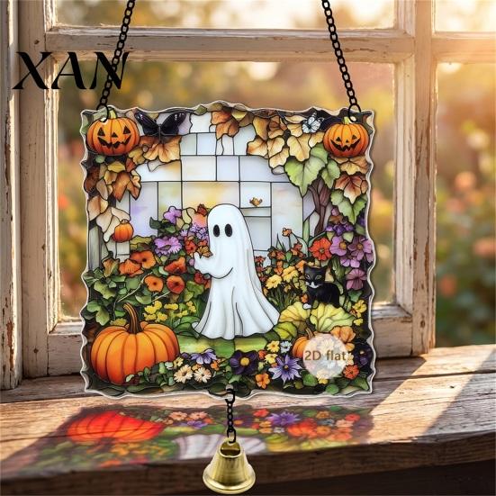 Indoor Outdoor Holiday Ornaments Halloween 2D Acrylic Decoration with Chain, Bell, Stained Glass Ghost Bat Bell Pumpkin Suncatcher Decor, Window Wall