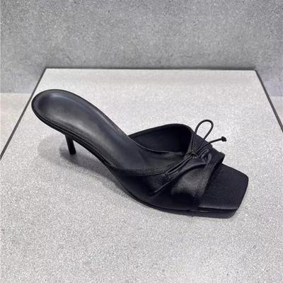 2025 Новые сандалии Женские мюли Туфли на высоком каблуке для женщин Летние с квадратным носком Открытый носок Сандалии с бантом Шлепанцы Женские