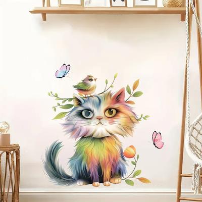 Мультяшные акварельные наклейки на стену с кошками, птицами, бабочками, самоклеящийся декор для спальни, детской комнаты, кухни