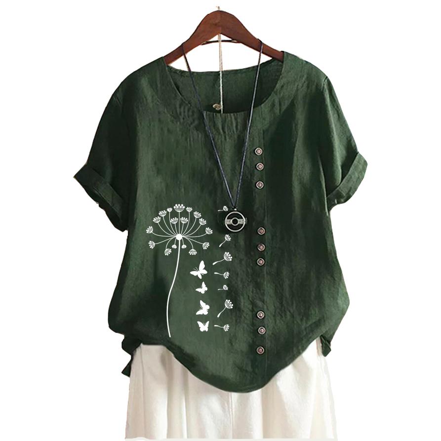 Женская модная хлопковая льняная блузка на лето и осень с круглым вырезом и коротким рукавом, повседневная свободная футболка с цветочным принтом