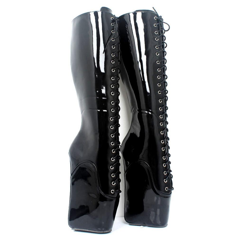 Fashion FHC 18CM Wedges Pony Heel Knee High Boots,Women Fetish Dance Shoes,Men Cosplay Botas,Lace-up,Black,Red,Pink,Blue,Custom Colors