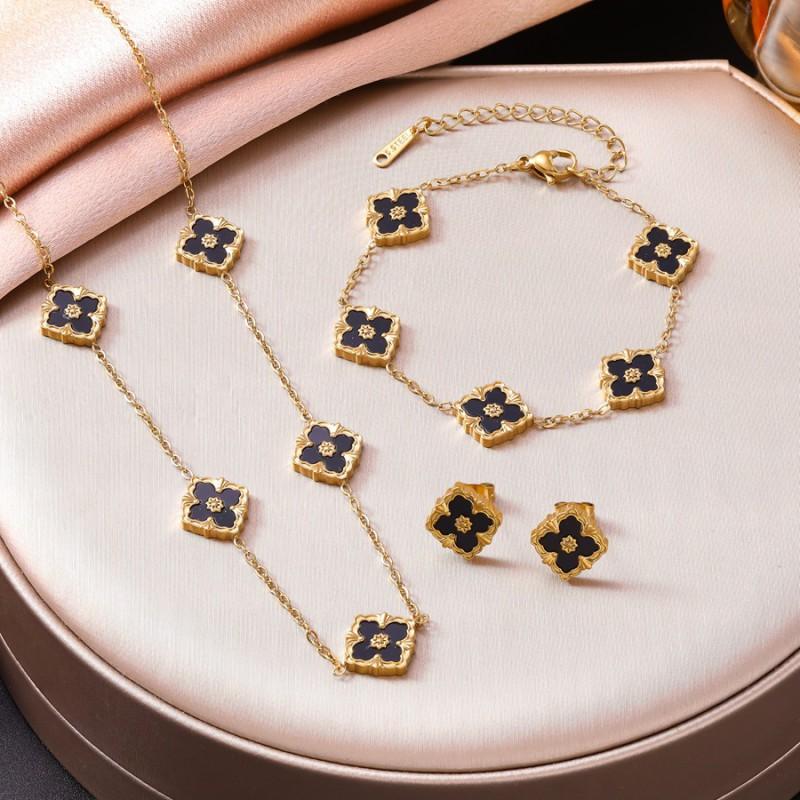 Elegant Four Leaf Clover Jewelry Set Women Stainless Steel With Mother Of Pearl Cross Chain Necklace Earring Bracelet
