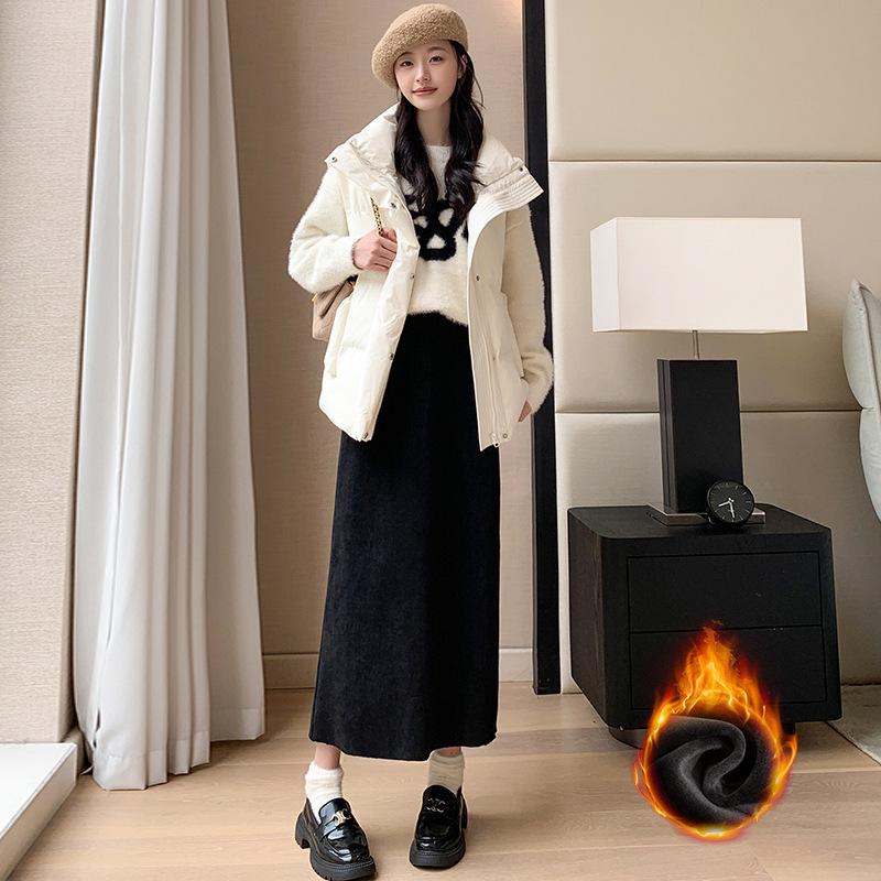 Maillard High Waist Wool Skirt for Women - Plus Size Autumn/Winter Slimming, High-End Design, Long Slit.