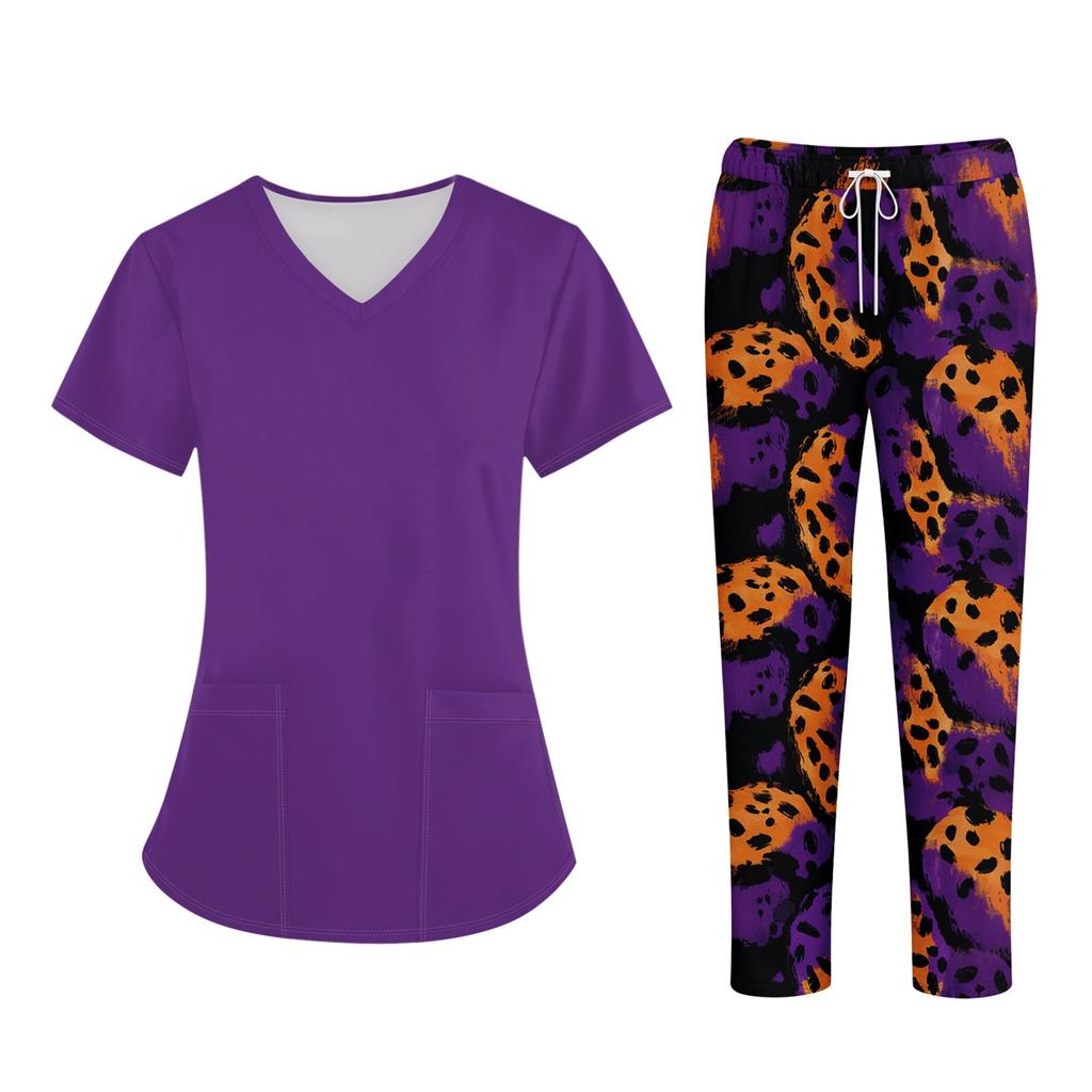 Plus SizePrinted Scrub Working Uniform Tops For Women's Cross V-Neck Halloween Print Short Sleeve Fun T-Shirts Workwear Tee With Pockets