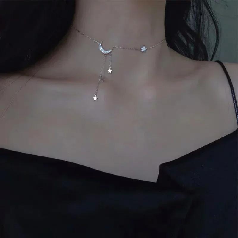 New Fashionable Star Moon Tassel Necklace Niche Design Adjustable Star Moon Women's Minimalist Style Pendant Collarbone Chain