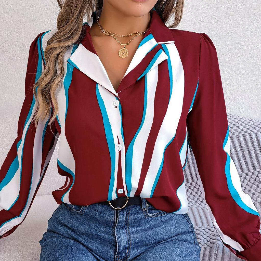GMXIA Женский модный повседневный летний костюм с длинным рукавом, блузки с воротником и рубашки всех видов контрастных цветов и полосок