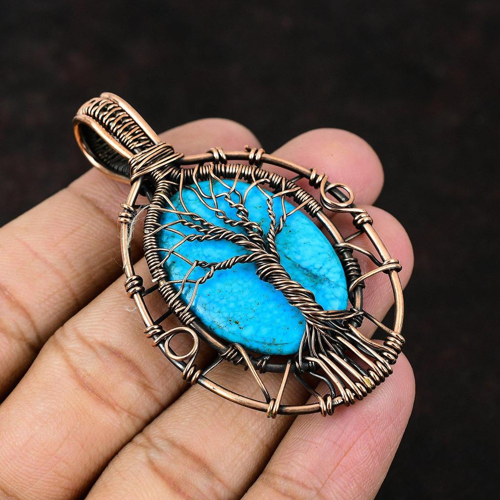 Кулон Древо Жизни с Аризонской бирюзой, обмотанный медной проволокой, ювелирное изделие с драгоценным камнем, кулон ручной работы, подарок для любви, украшение с Аризонской бирюзой