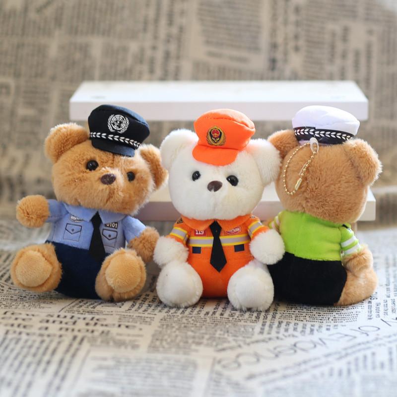 Adorable Plush Teddy Bear Keychain Soft Pp Cotton Stuffed Toy Police Firefighter