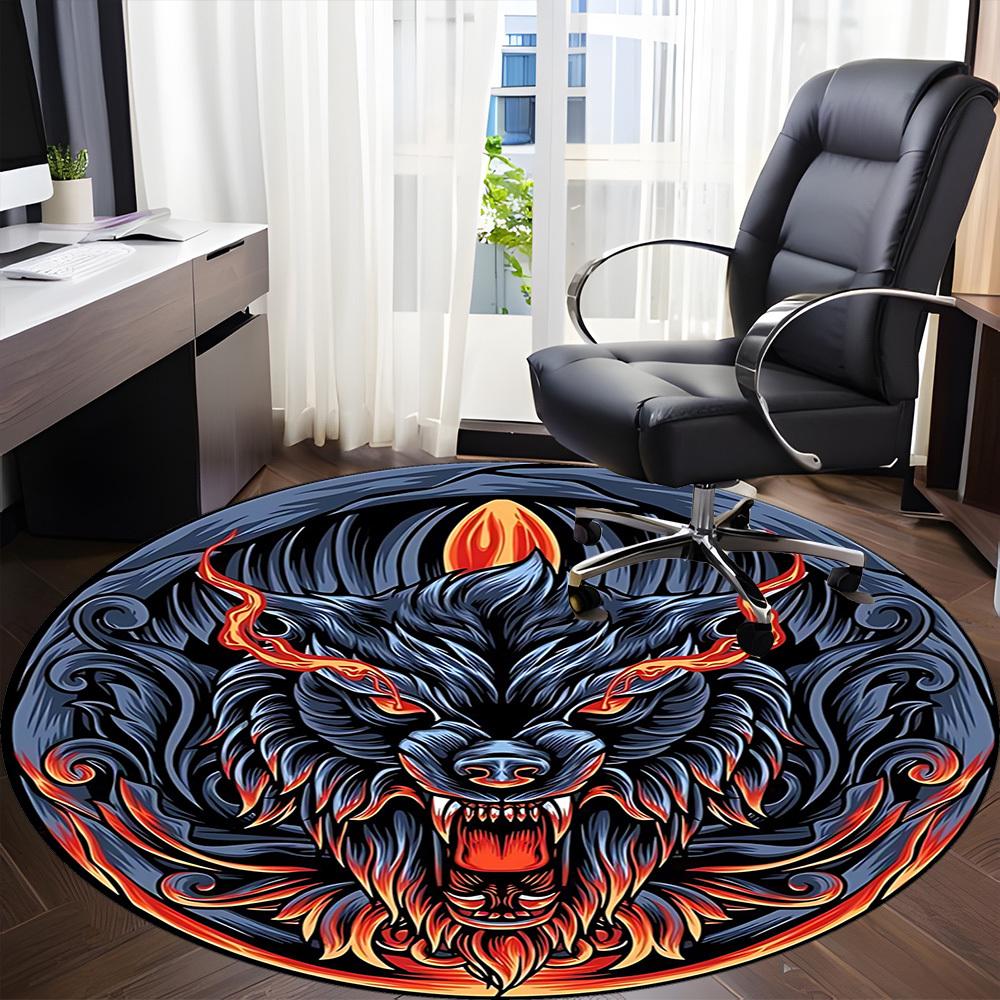 1pc Wolf Head Design Chair Carpet for Office, Round Non Slip Durable Large Size Office Carpet, Suitable for Office