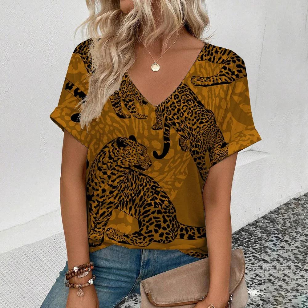 Summer Clothing V-neck Sexy Leopard 3D Print T-shirt Animal Pattern Women's Shirt Short Sleeve Street T-shirt