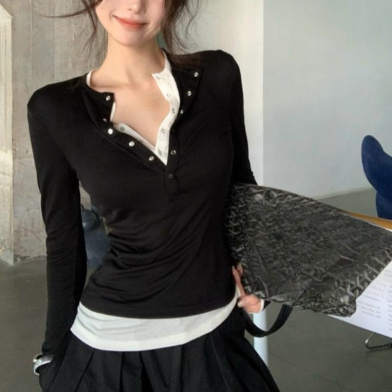 Корейский шикарный дизайн, поддельные две части, длинные рукава, рубашка для женщин, осень 2024, новые элегантные универсальные облегающие базовые топы для похудения, зима