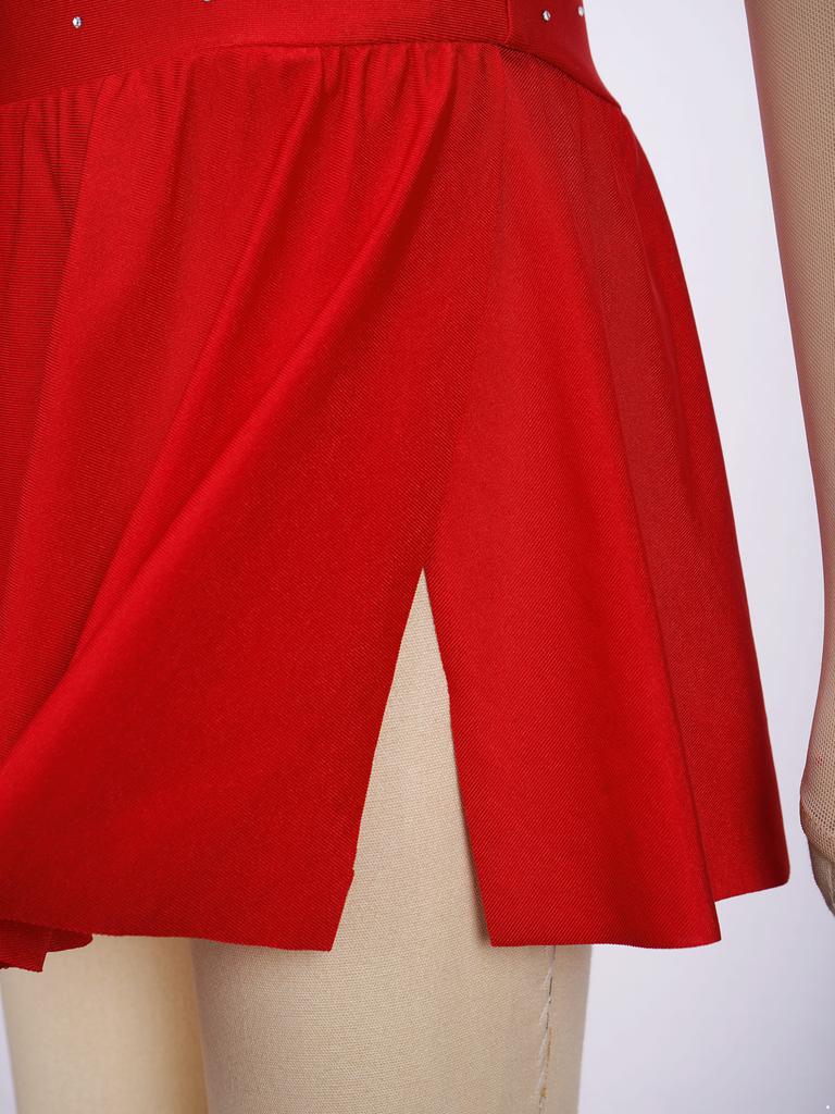 Платье для катания на коньках для девочек с длинным рукавом, круглым вырезом, контрастными стразами, открытой спиной, танцевальный костюм