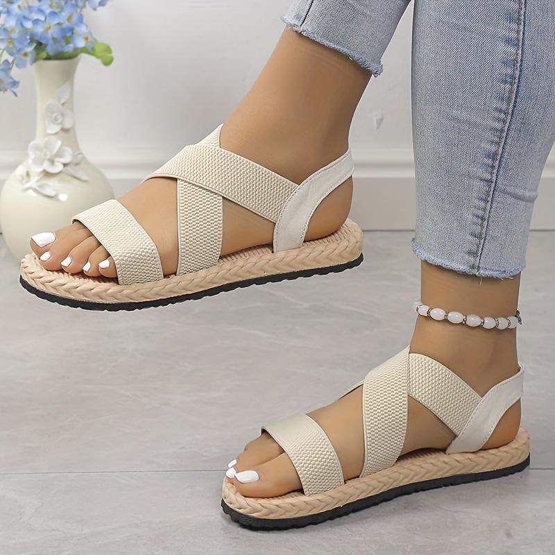 Женские повседневные сандалии на плоской подошве с эластичными ремешками-крест-накрест и открытым носком. Удобные пляжные сандалии.